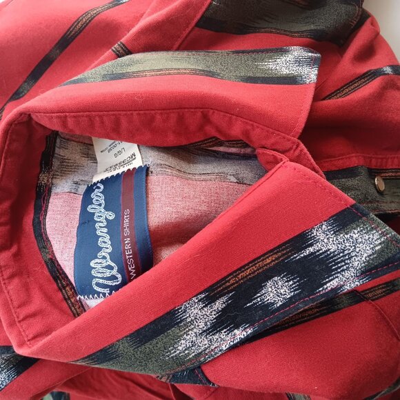 Large Vintage 90's Wrangler Western Shirt Red Stripe Ikat Print Cowboy Honduras - Picture 4 of 7